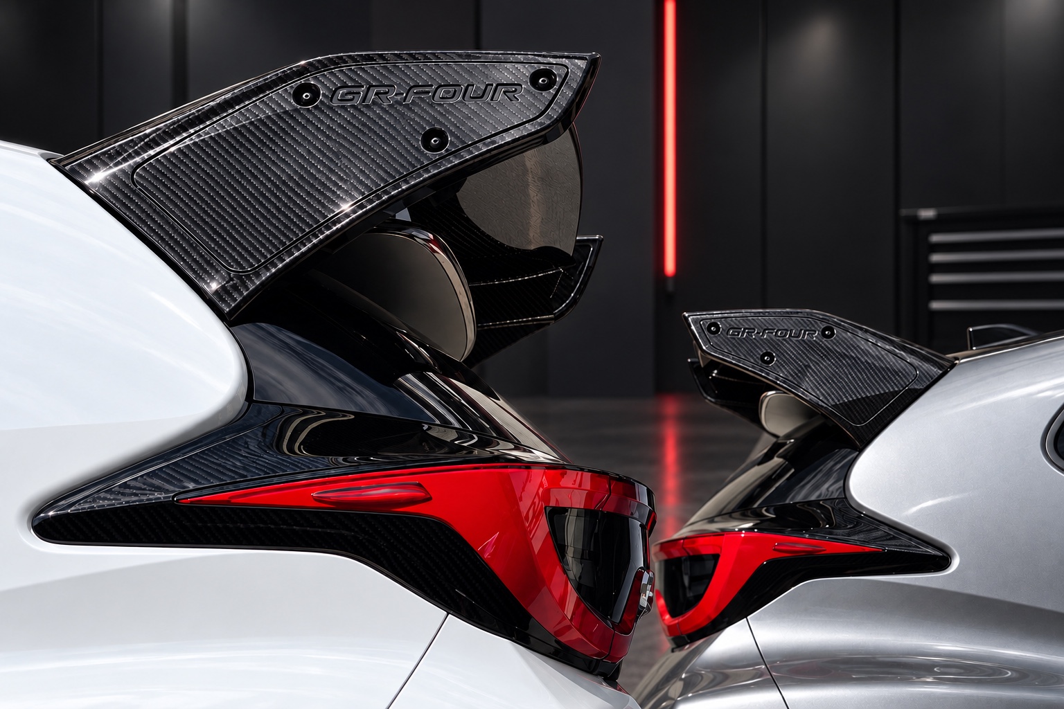 GR NOVIDEM Carbon Aerokit Adjustable Rear Spoiler, complete view in a black garage